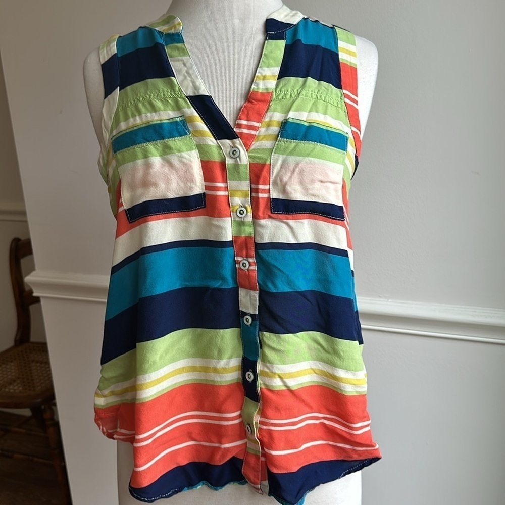 Anthropologie Maeve Sunseeker Rainbow Striped Sleeveless Blouse, Size 4P EUC - Picture 2 of 9